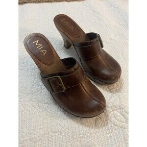 MIA Brown Clogs Womens Sz 6  Studded Faux Leather & Faux Wood Heel Platform